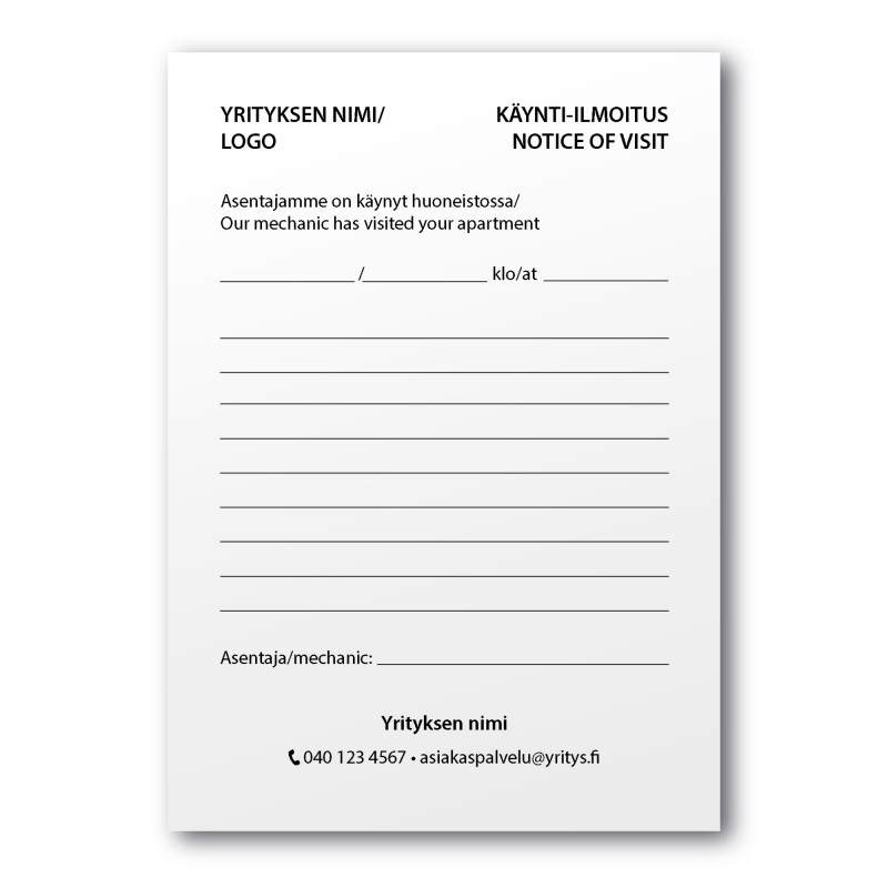 Käynti-ilmoituslehtiö A6 - Malli 1, 10kpl