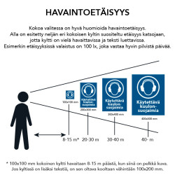 Suositeltu havaintoetäisyys eri kokoisille kylteille.