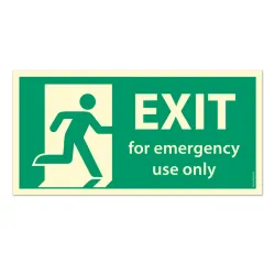 ISO 7010 kuvamerkillä oleva jälkivalaiseva kyltti tai tarra tekstillä "Exit for emergency use only"
