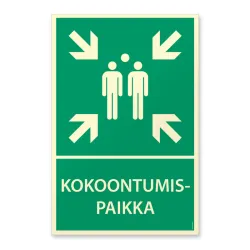 Kokookntumispaikka kyltti tai tarra jälkivalaisevalla pinnalla koossa 20x30cm.