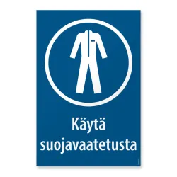 20x30 cm koossa ISO 7010 standardin mukainen määräysmerkki suojavaatteen kuvalla ja tekstillä "käytä suojavaatetusta".
