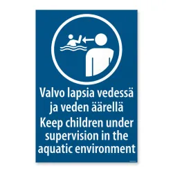 ISO 7010 standardin määräysmerkki, jossa kehotetaan valvomaan lapsia vedessä ja veden äärellä koossa 20x30 cm.