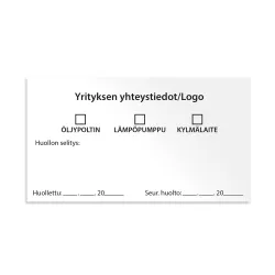 Huoltotarra öljypolttimen, lämpöpumpun tai kylmälaitteen huoltotietojen kirjaamiseen.