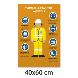 Työmaalla vaadittu varustus -kyltti 40x60 cm