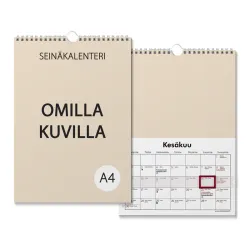 Seinäkalenteri omilla kuvilla, wiresidottu, kalenterin koko on A4